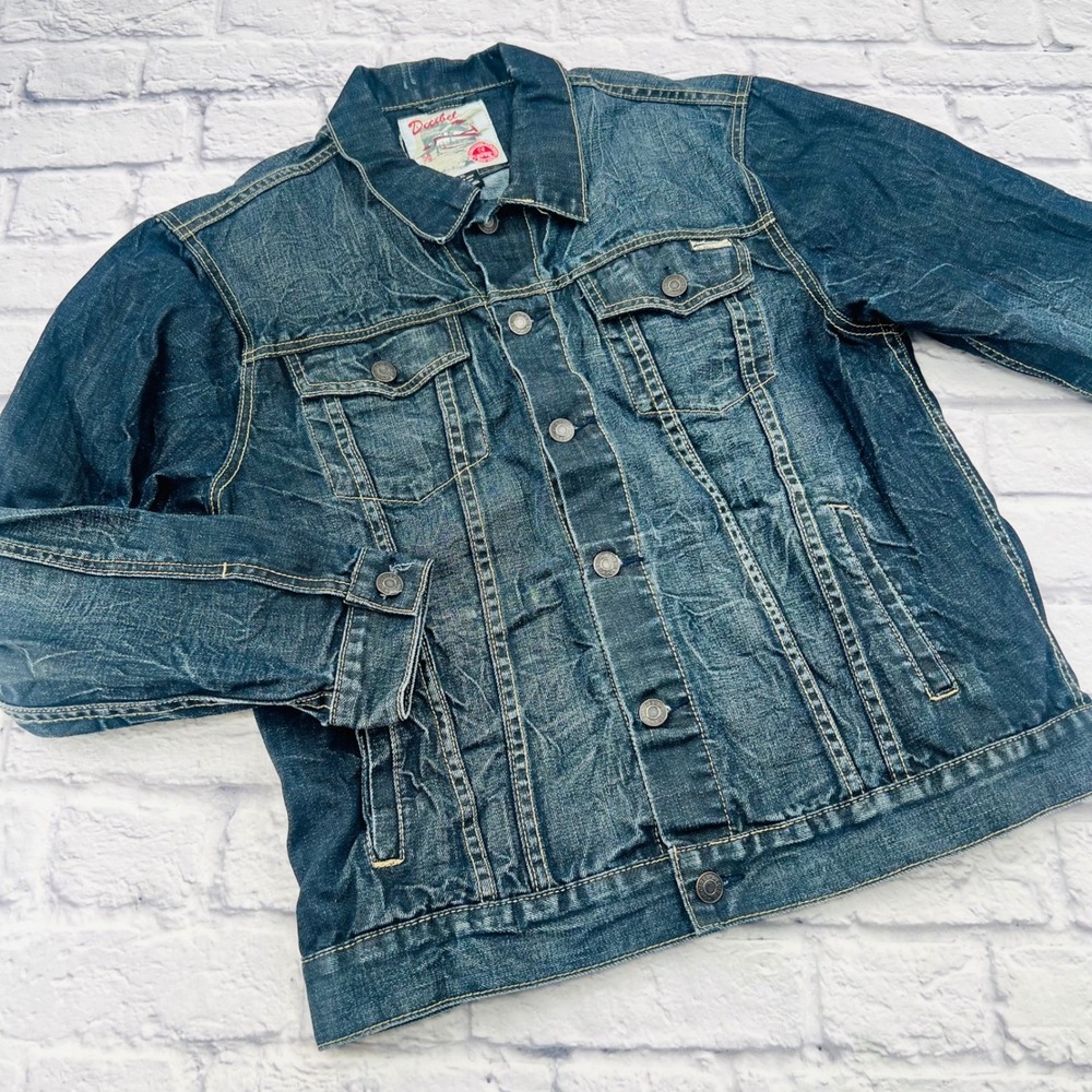 Decibel Mens Dark Wash Denim Trucker Jacket XL Blue Cotton Blend Distressed H-79